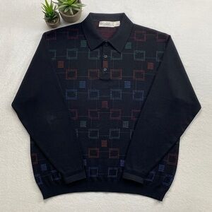 St. Croix Knits Vintage Wool Blend Geometric Pattern Long Sleeve Sweater Polo